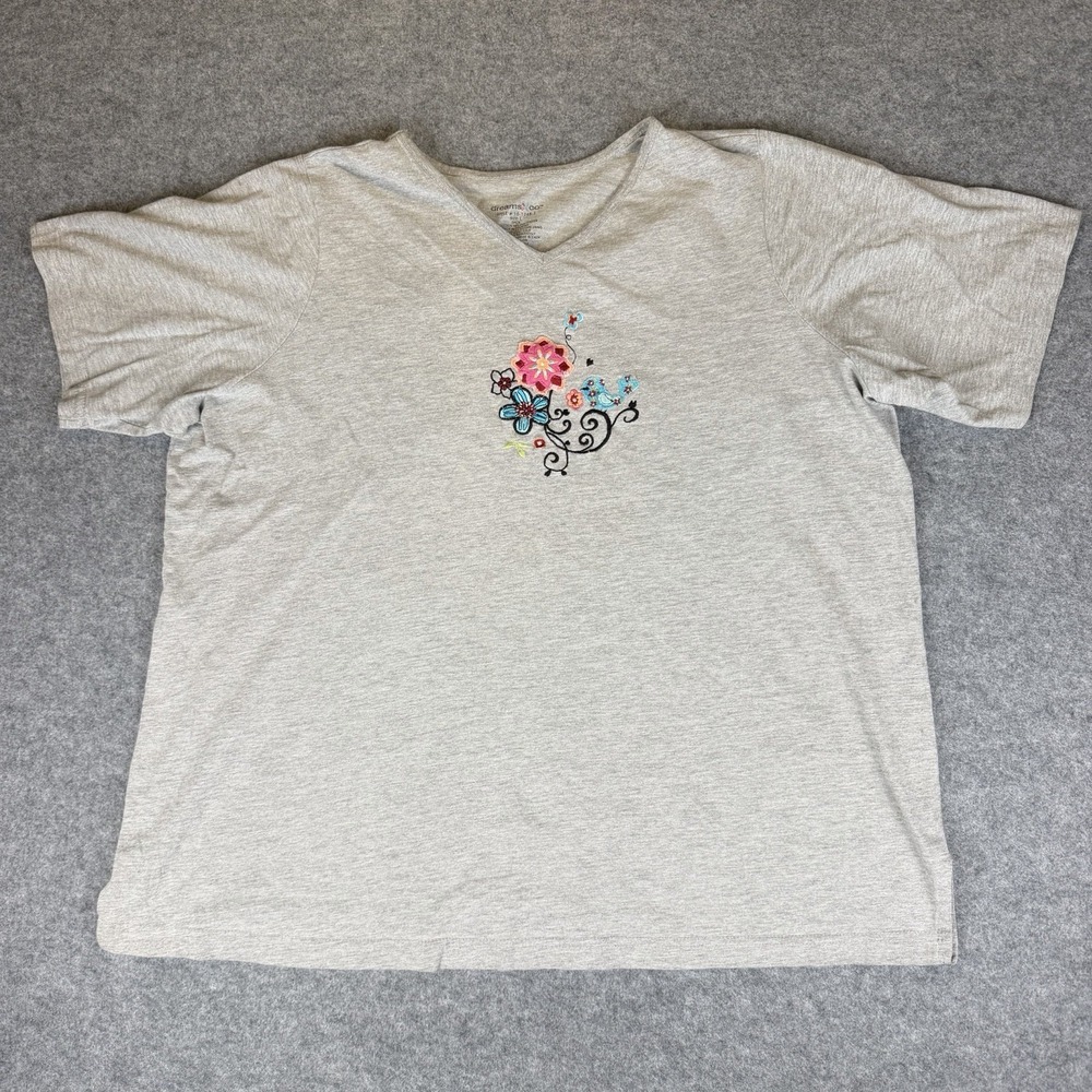 Dreams Co Gray V-Neck Top Embroidered Floral Bird Size L